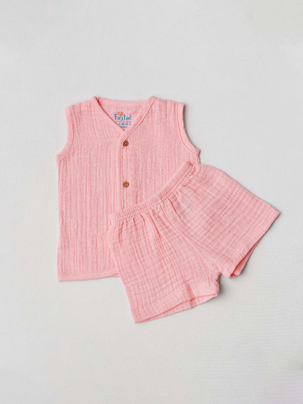 FIRSTIN Muslin Bubble Crinkle Jabla-Shorts Set Sleeveless - Flamingo Pink