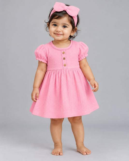 Muslin Lycra Fairy Frock (With Head Band) - Bubblegum Pink