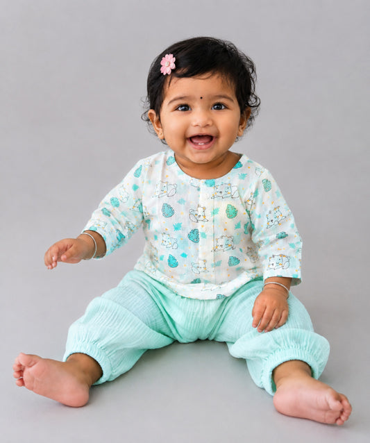 Muslin Pyjama Patiala Set - (W) Mint Sloth Bear