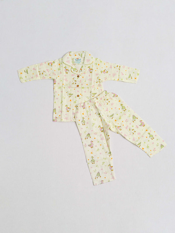 FIRSTIN Lime Cream Runner Duck Printed Muslin Night Suit Set