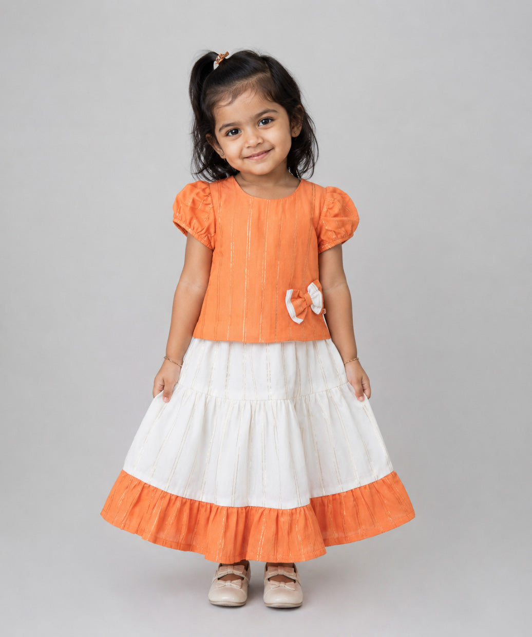 Ridhi Top With Skirt (Puff Sleeve) - Carrot Orange