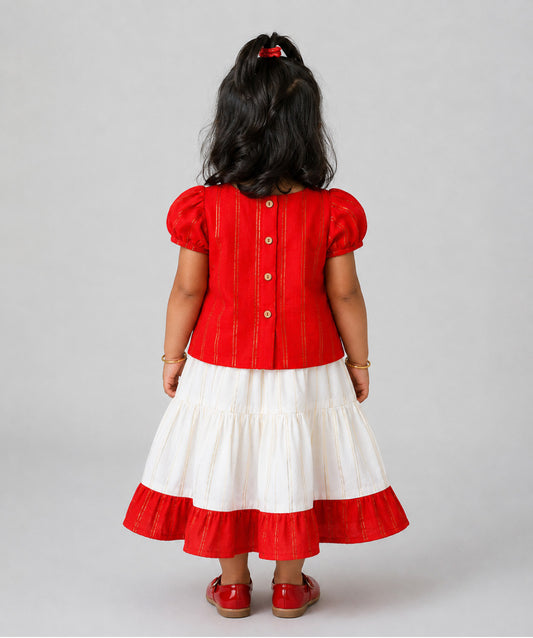 Ridhi Top With Skirt (Puff Sleeve) - Carmine