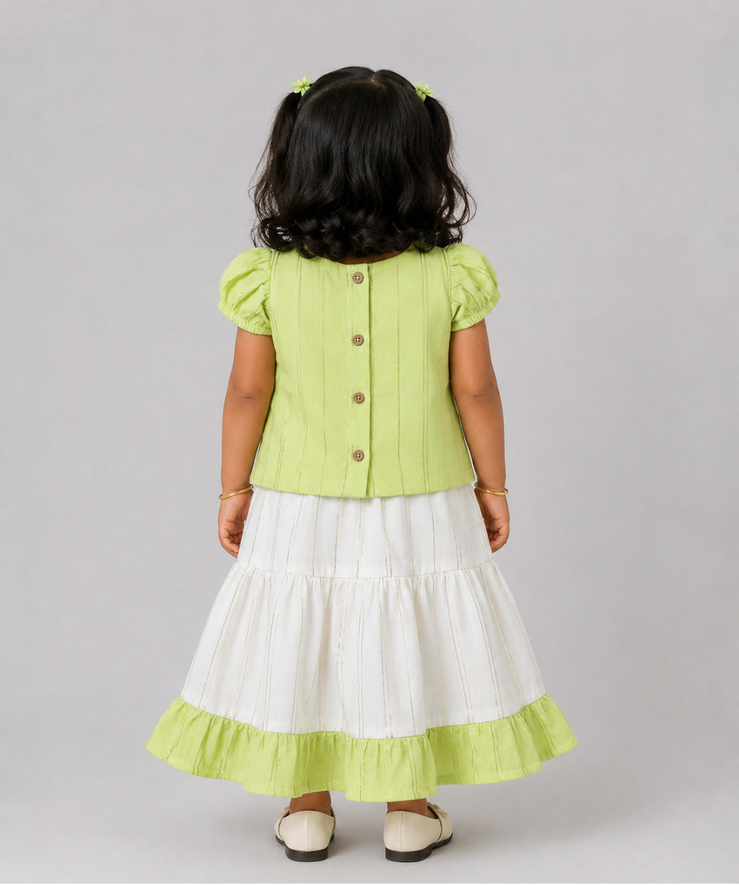 Ridhi Top With Skirt (Puff Sleeve) - Neon Green