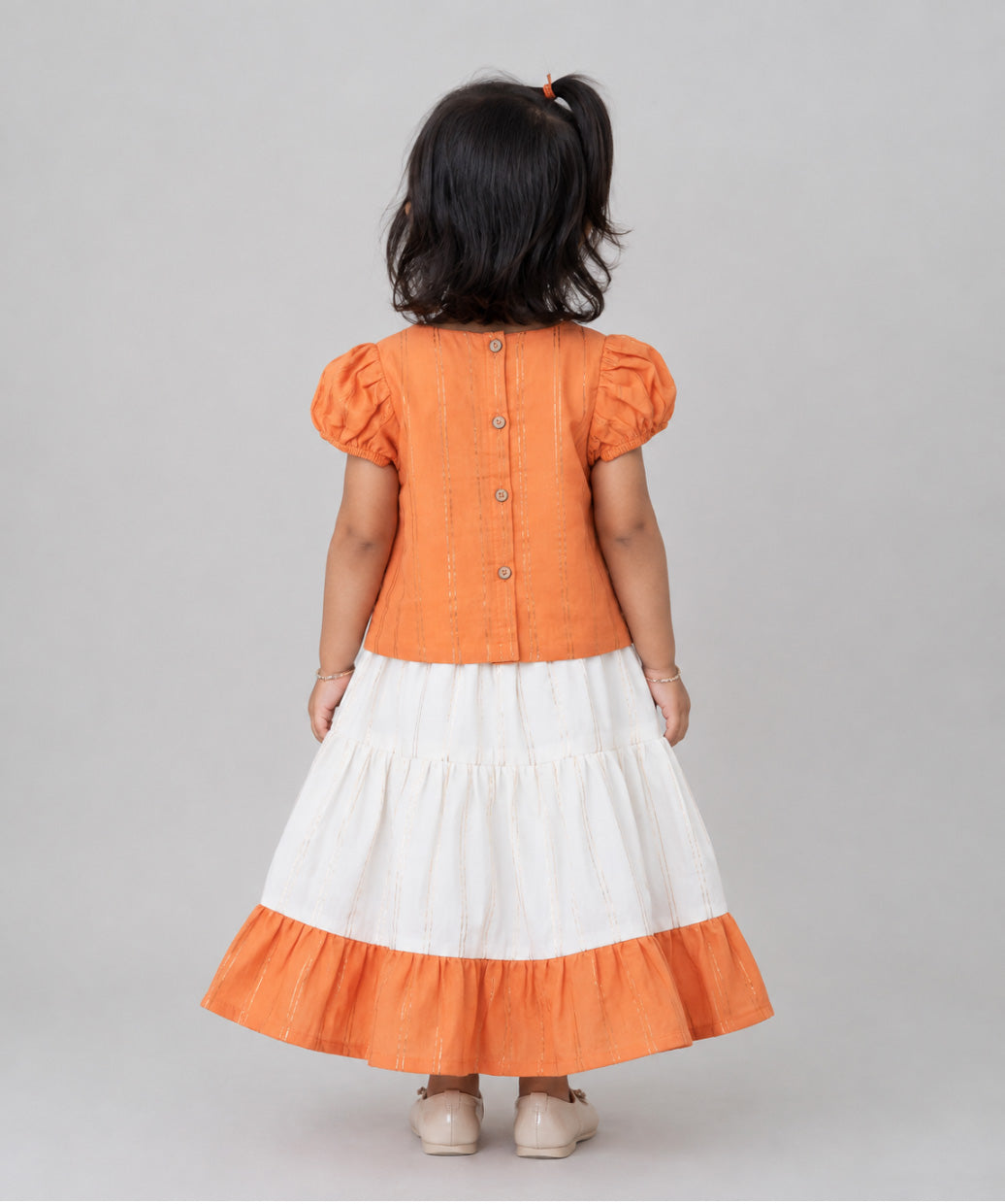 Ridhi Top With Skirt (Puff Sleeve) - Carrot Orange