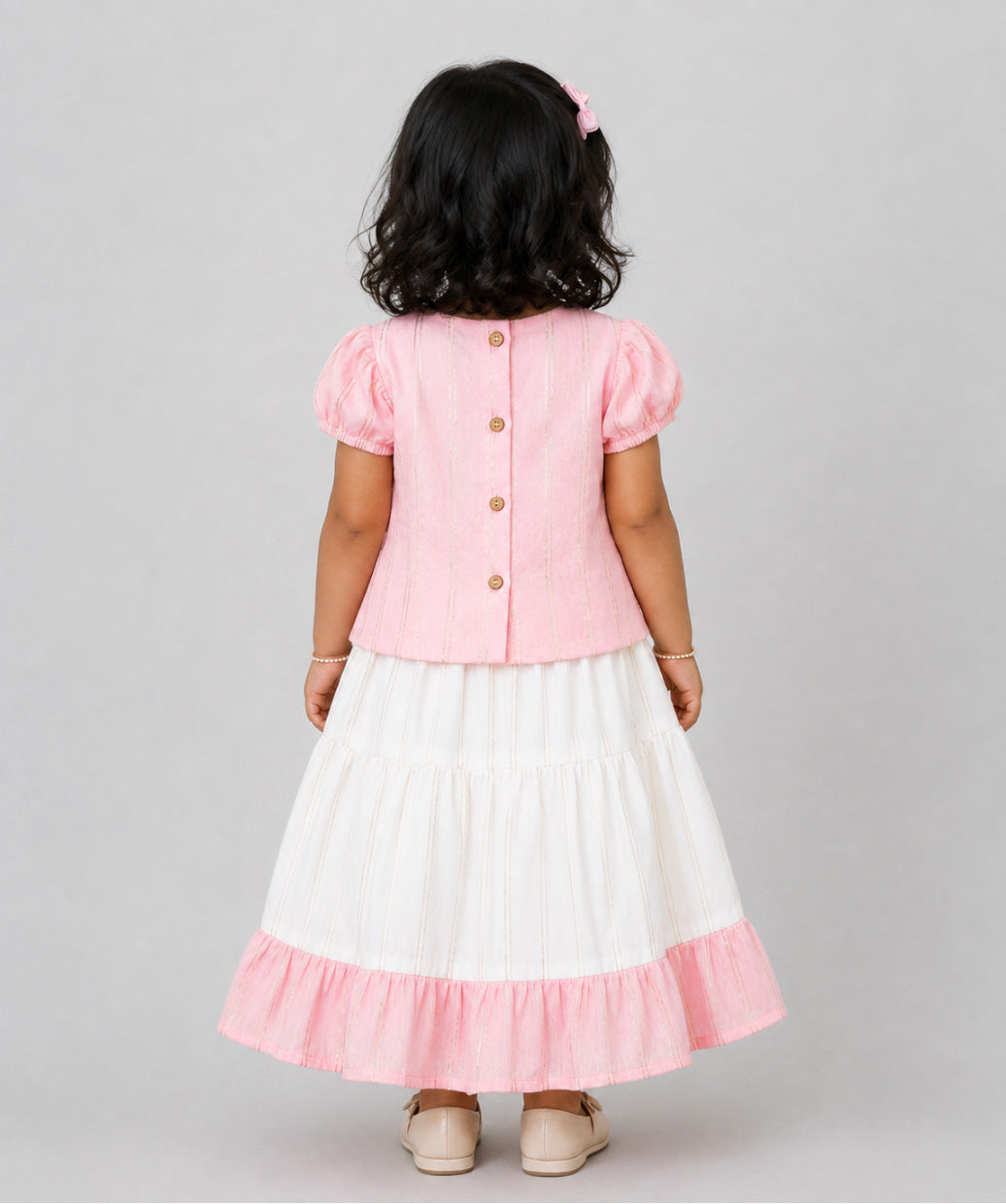 Ridhi Top With Skirt (Puff Sleeve) - Flamingo Pink