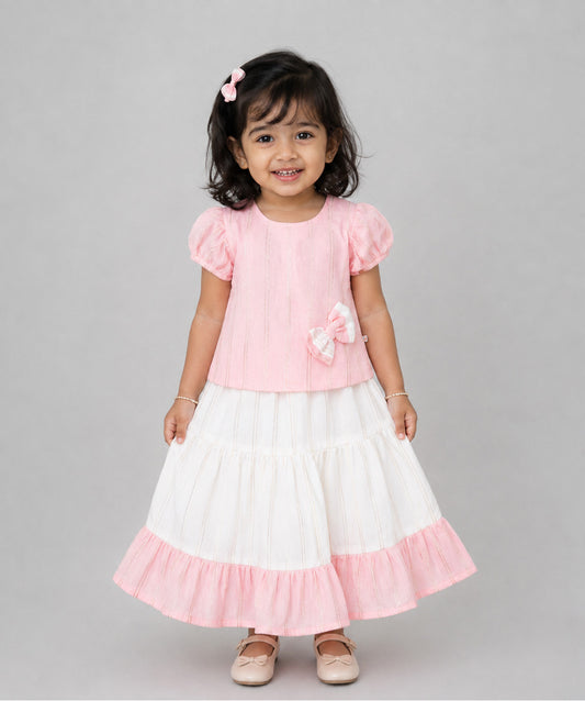 Ridhi Top With Skirt (Puff Sleeve) - Flamingo Pink