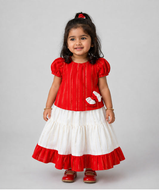 Ridhi Top With Skirt (Puff Sleeve) - Carmine