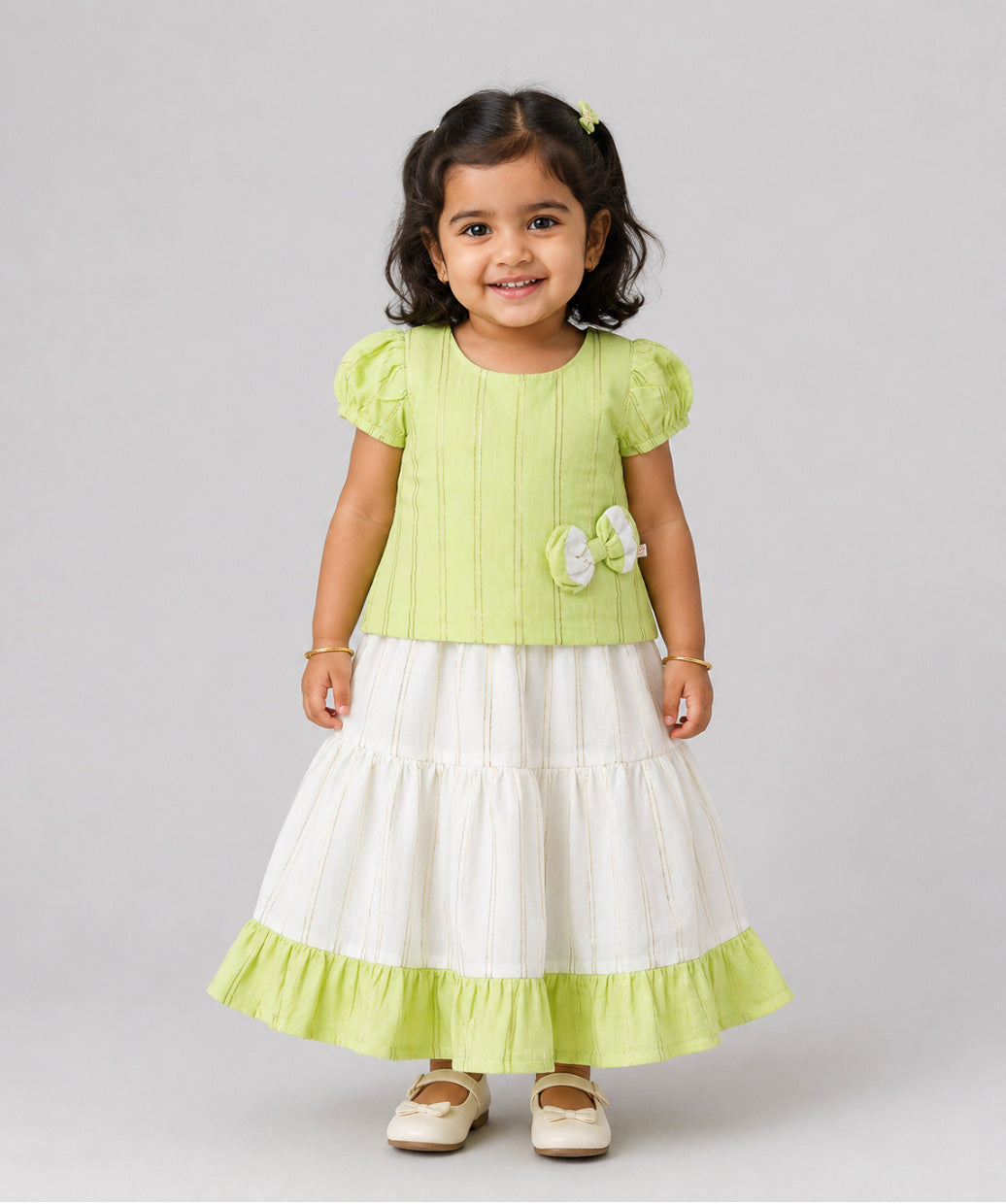 Ridhi Top With Skirt (Puff Sleeve) - Neon Green