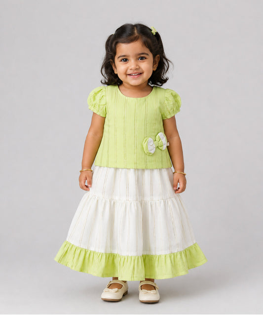 Ridhi Top With Skirt (Puff Sleeve) - Neon Green