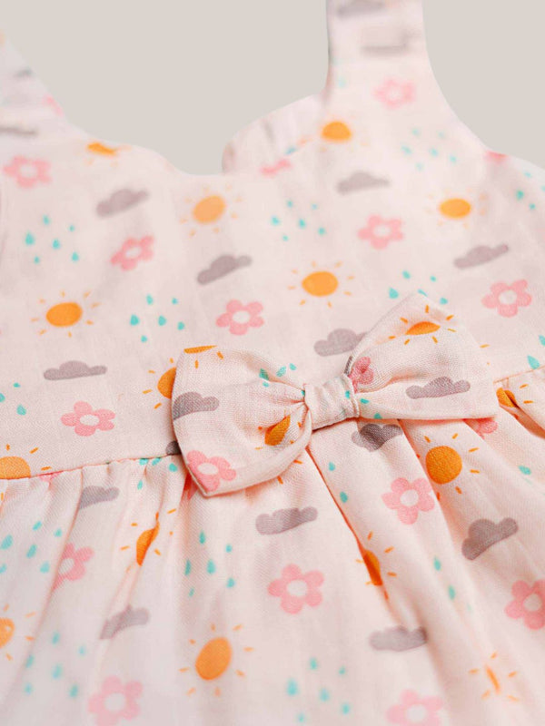 FIRSTIN Muslin Salsa Rose Daisy Cloud Self Knotted Frock With Bow