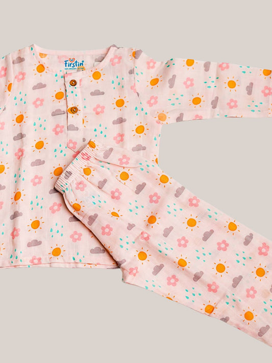 Salsa Rose-Daisy Cloud Printed Muslin Pyjamas Set