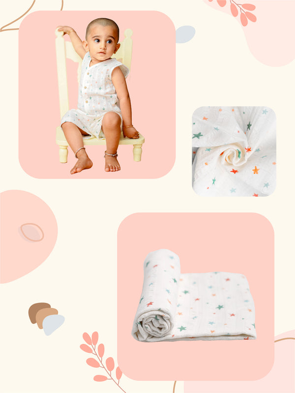 FIRSTIN Muslin Seer Sucker Jabla Shorts Set & Towel Combo