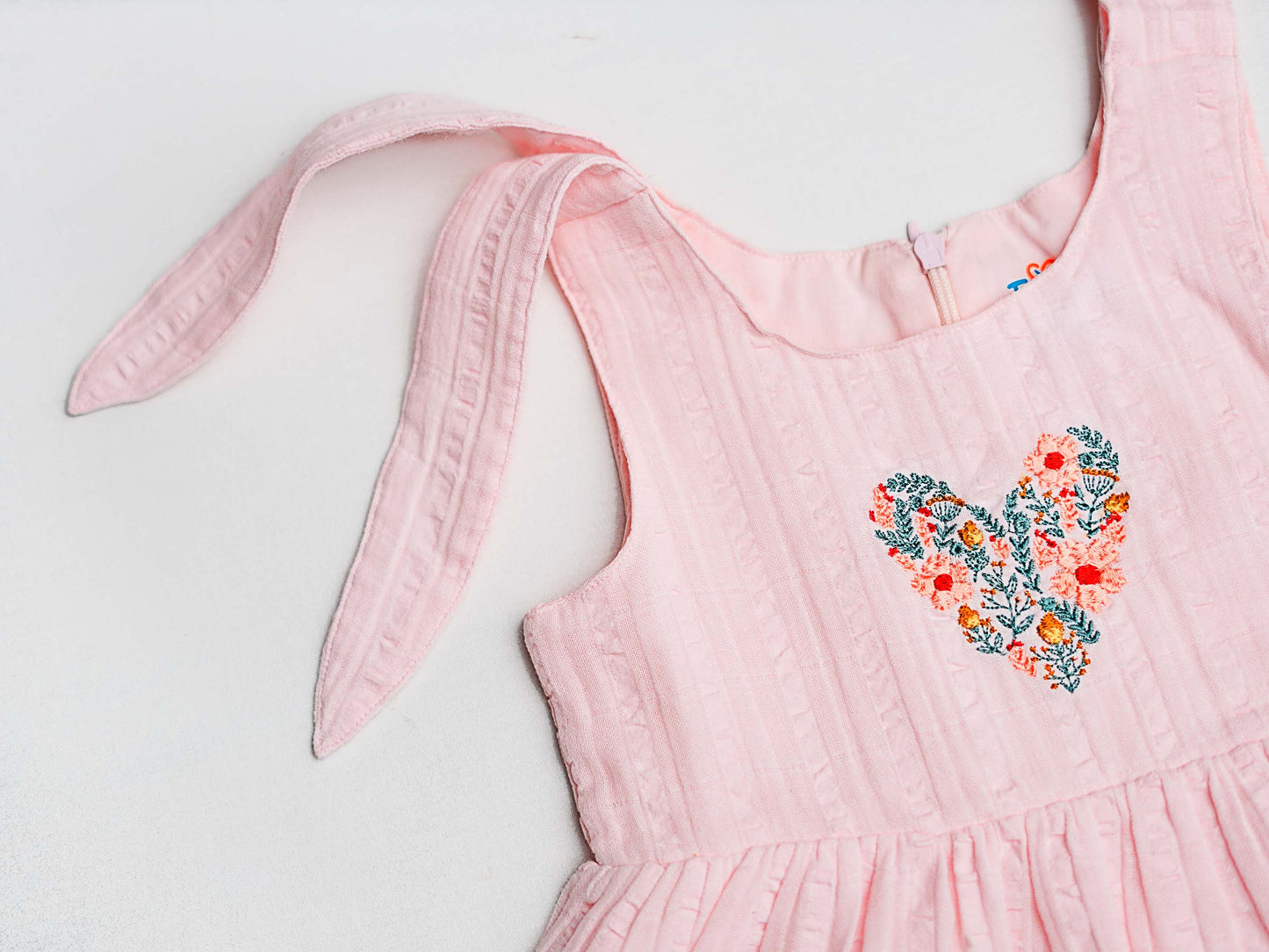 Seer Sucker Muslin Self Knotted Frock With Embroidery Lt. Pink
