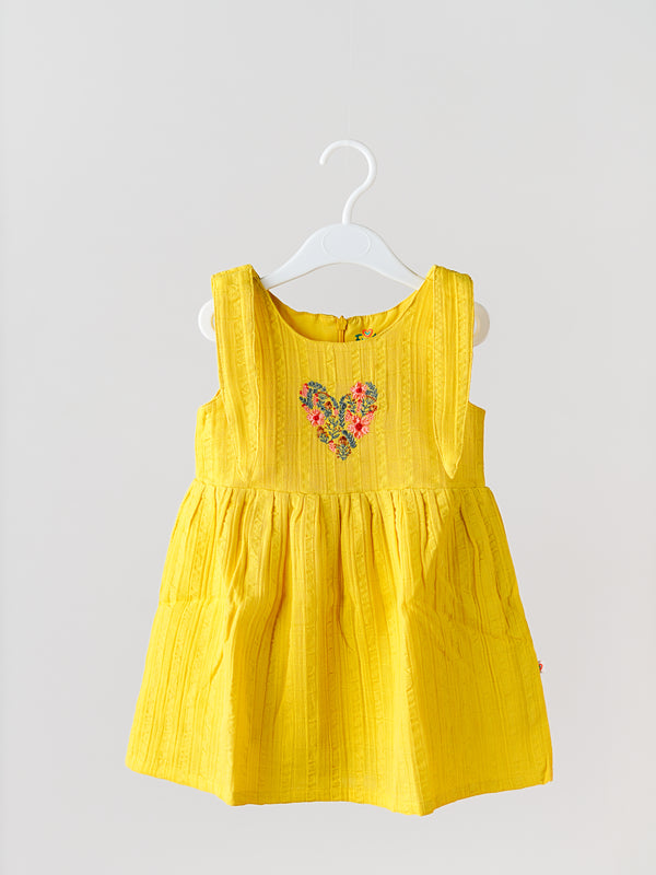 FIRSTIN Seer Sucker Muslin Self Knotted Frock With Embroidery Dk.Yellow