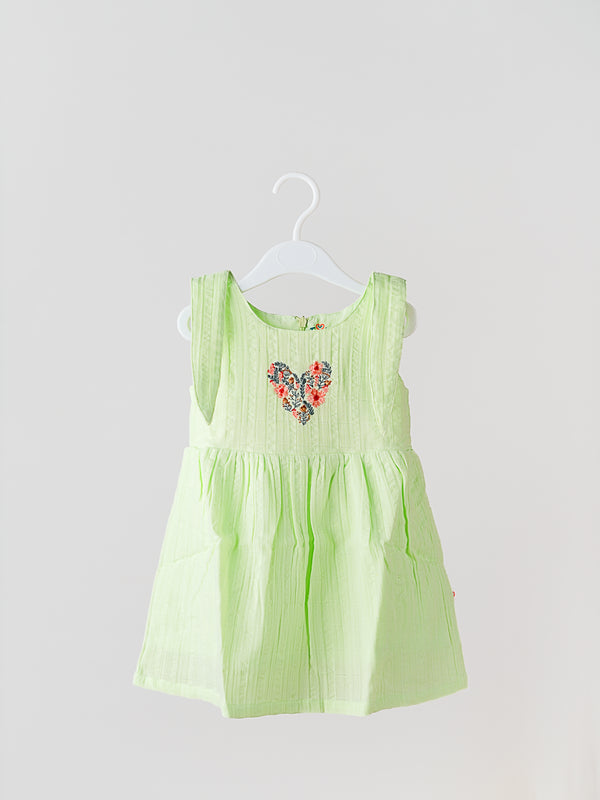 FIRSTIN Seer Sucker Muslin Self Knotted Frock With Embroidery Lt. Green