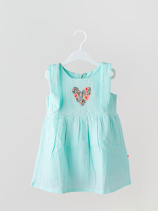 FIRSTIN Seer Sucker Muslin Self Knotted Frock With Embroidery MInt