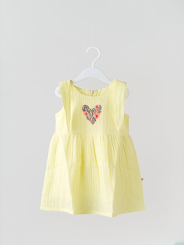 FIRSTIN Seer Sucker Muslin Self Knotted Frock With Embroidery Lt. Yellow