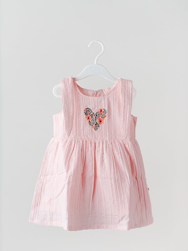 FIRSTIN Seer Sucker Muslin Self Knotted Frock With Embroidery Lt. Pink