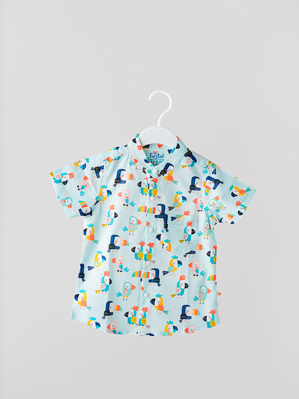 FIRSTIN Poplin Woody Woodpecker Chinese Collar Shirt Full Open