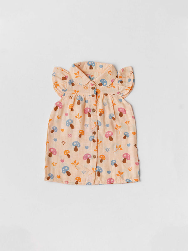 FIRSTIN Muslin Collar Neck Frock - Apricot Sherbet Mushies