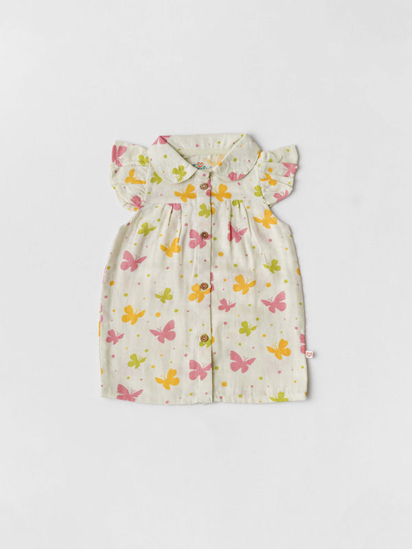 FIRSTIN Muslin Collar Neck Frock - Aloe Wash Butterfly
