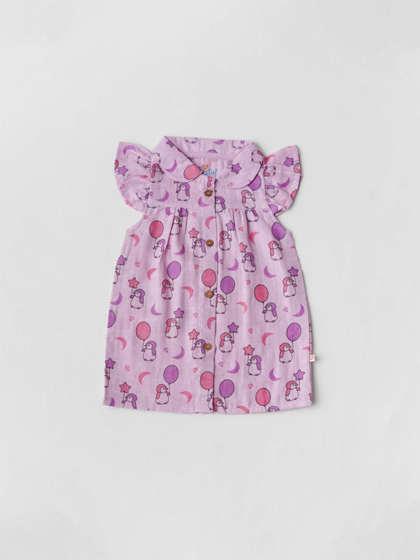 FIRSTIN Muslin Collar Neck Frock - Fragrant Lilac Penguin