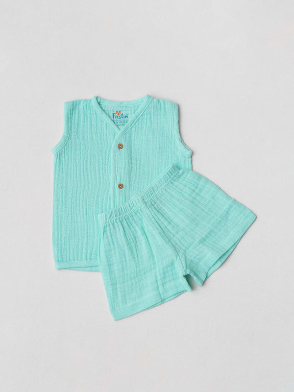 FIRSTIN Muslin Bubble Crinkle Jabla-Shorts Set Sleeveless - Marine