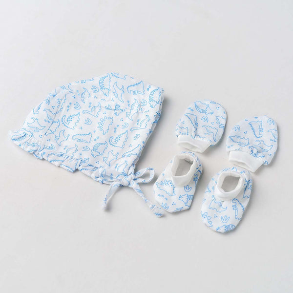 FIRSTIN Muslin Cap (Frill), Mittens & Booties Set - Tiny Dinos