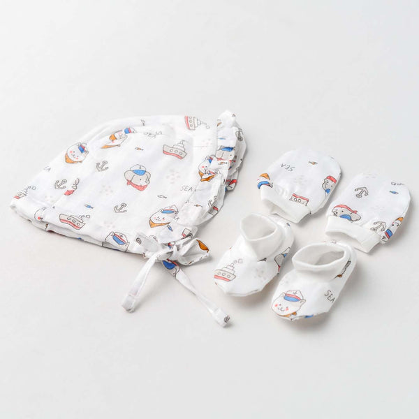 FIRSTIN Muslin Cap (Frill), Mittens & Booties Set - Carrier Ship