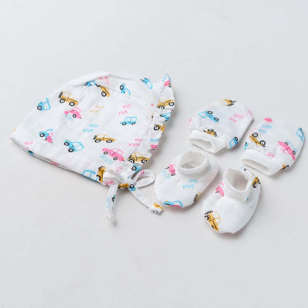 FIRSTIN Muslin Cap (Frill), Mittens & Booties Set - Beep/Beep
