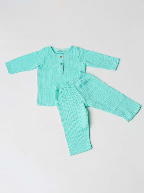 FIRSTIN Muslin Bubble Crinkle Pyjamas Set - Marine
