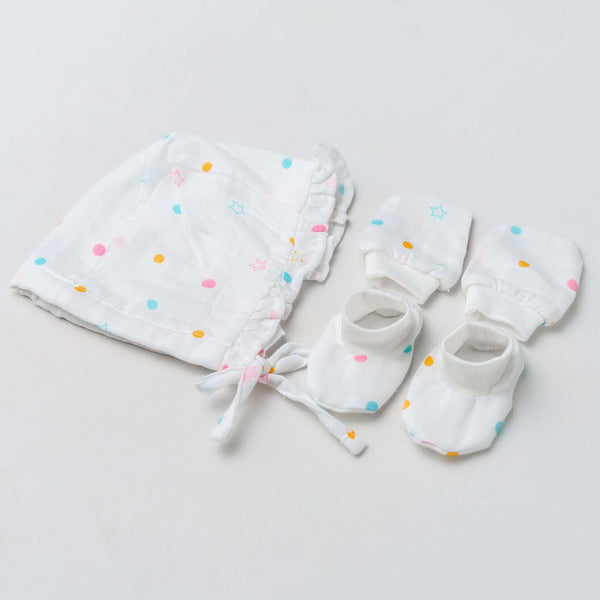 FIRSTIN Muslin Cap (Frill), Mittens & Booties Set - Dwarf Star