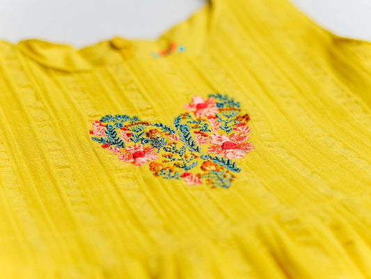 Seer Sucker Muslin Self Knotted Frock With Embroidery Dk.Yellow