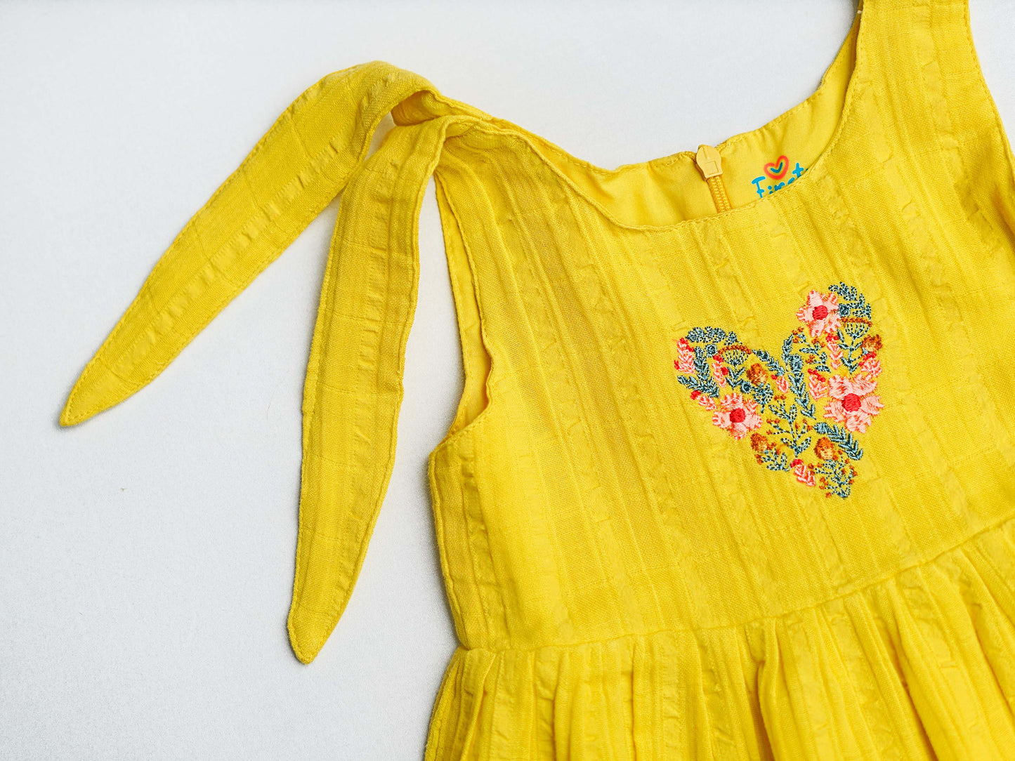 Seer Sucker Muslin Self Knotted Frock With Embroidery Dk.Yellow