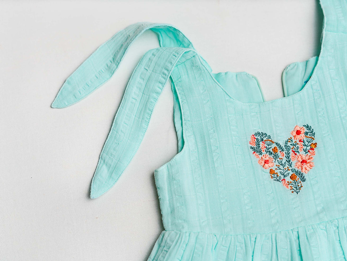Seer Sucker Muslin Self Knotted Frock With Embroidery MInt