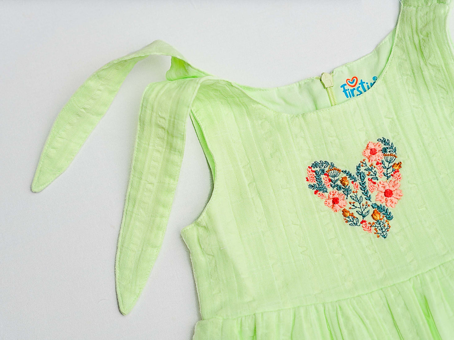 Seer Sucker Muslin Self Knotted Frock With Embroidery Lt. Green