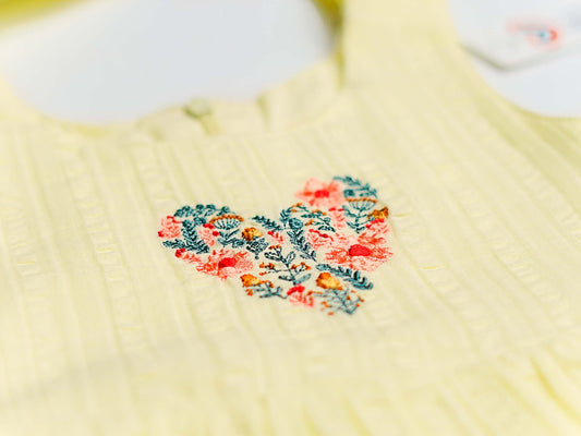 Seer Sucker Muslin Self Knotted Frock With Embroidery Lt. Yellow
