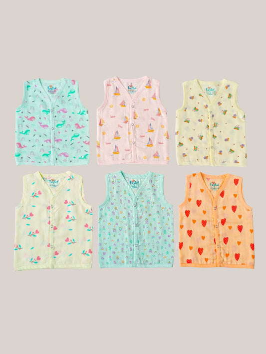 FIRSTIN Muslin COLOR Jabla Snap Button Sleeveless Assorted (Any 3 prints) 3 Pcs Pack Combo 2