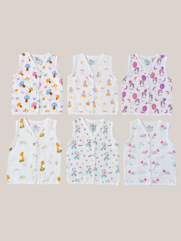 FIRSTIN Muslin Jabla Snap Button Sleeveless 6 Pcs Pack Combo