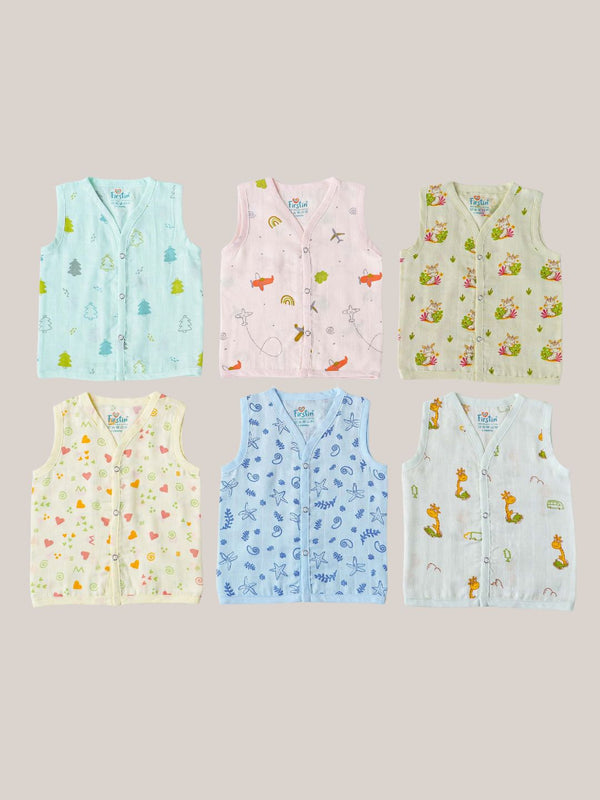 FIRSTIN Muslin COLOR Jabla Snap Button Sleeveless Assorted (Any 3 prints) 3 Pcs Pack Combo