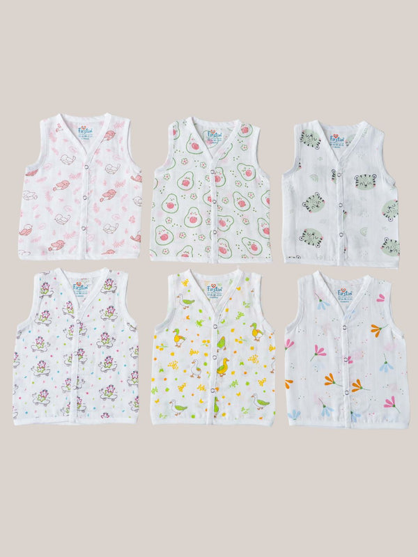 FIRSTIN Muslin Jabla Snap Button Sleeveless 6 Pcs Pack Combo