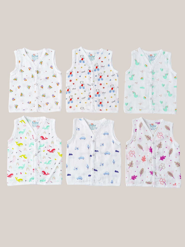 FIRSTIN Muslin Jabla Snap Button Sleeveless 6 Pcs Pack Combo