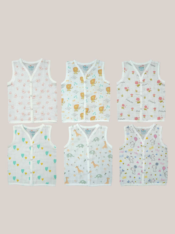 FIRSTIN Muslin Jabla Snap Button Sleeveless Assorted (Any 3 prints) 3 Pcs Pack Combo