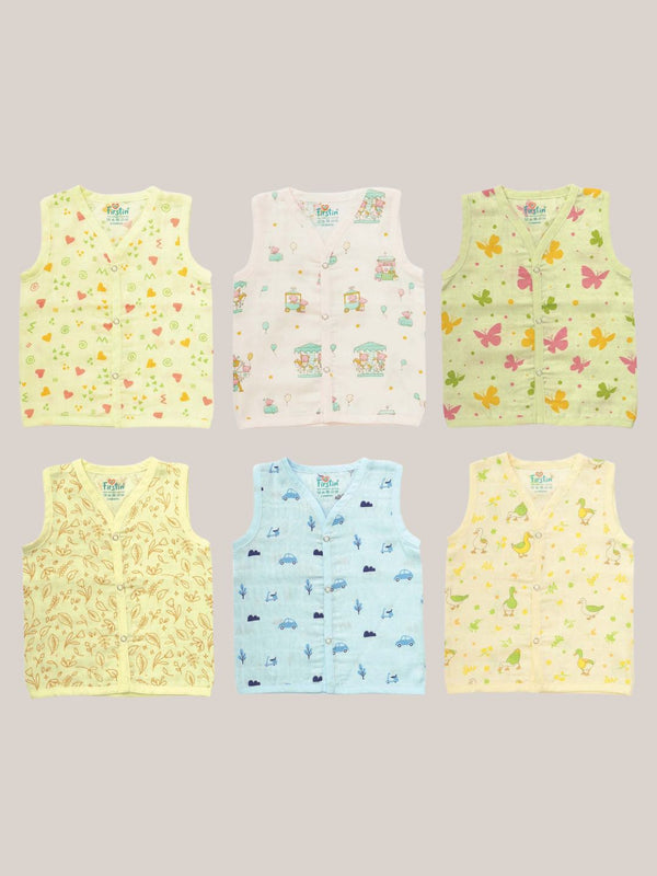 FIRSTIN Muslin COLOR Jabla Snap Button Sleeveless Assorted (Any 3 prints) 3 Pcs Pack Combo