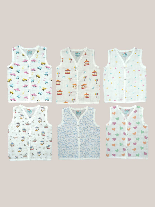 FIRSTIN Muslin Jabla Snap Button Sleeveless Assorted (Any 3 prints) 3 Pcs Pack Combo