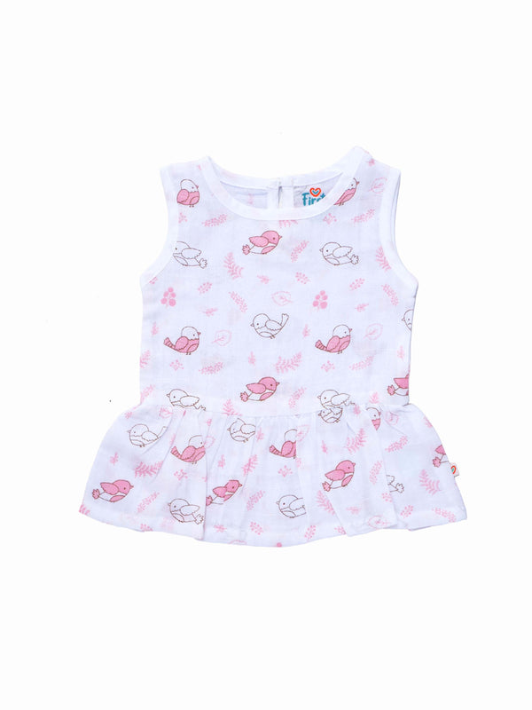 FIRSTIN Muslin Frock Back Button - (W) Melon Pink Sparrow