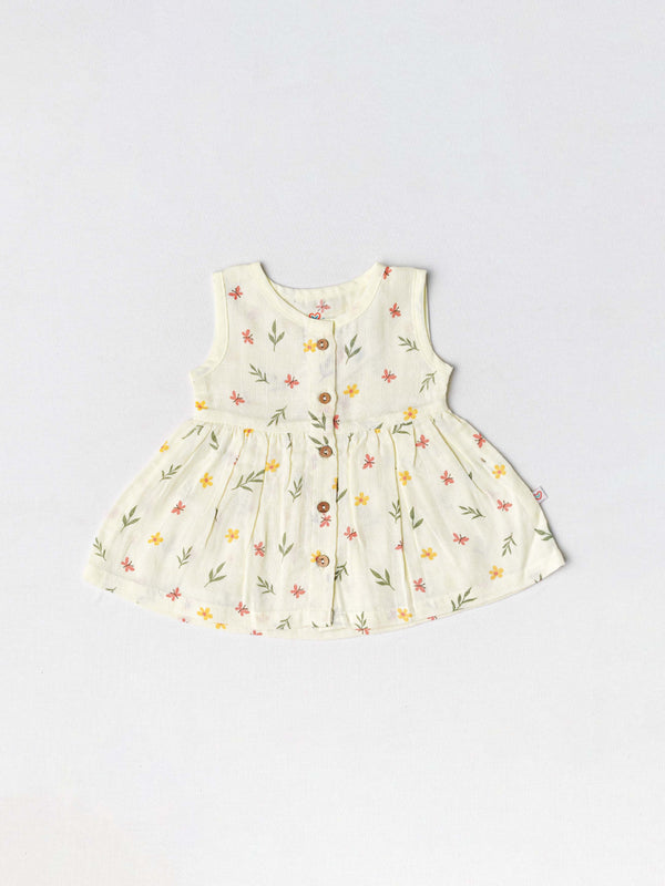 FIRSTIN Muslin Front Open Sleeveless Frock - Yellow Spring