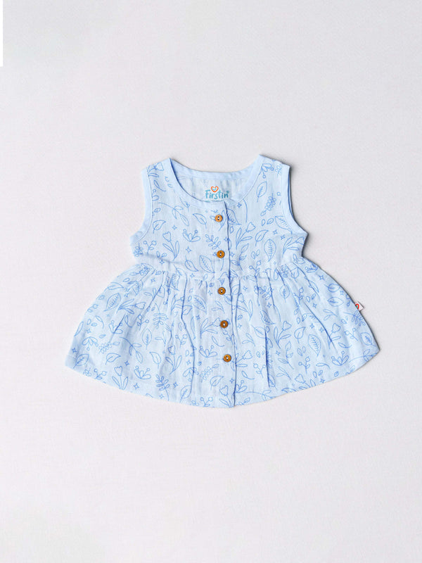 FIRSTIN Muslin Front Open Sleeveless Frock - Blue Shrubs