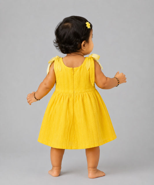 Seer Sucker Muslin Self Knotted Frock With Embroidery Dk.Yellow