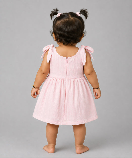 Seer Sucker Muslin Self Knotted Frock With Embroidery Lt. Pink